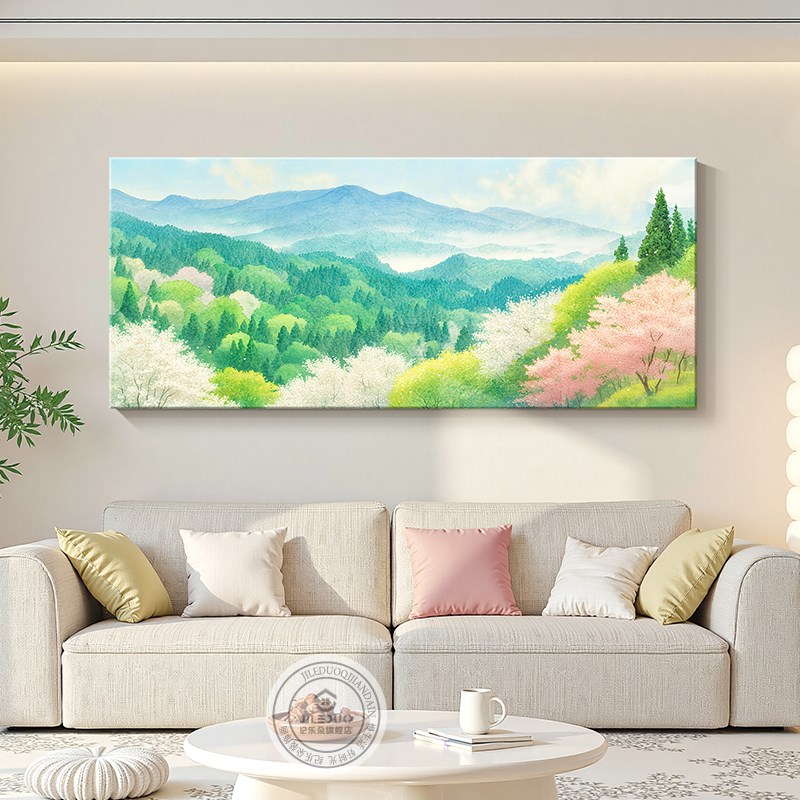 客厅饰画樱风景奶油风治愈系壁画背靠山横沙发背景墙挂画