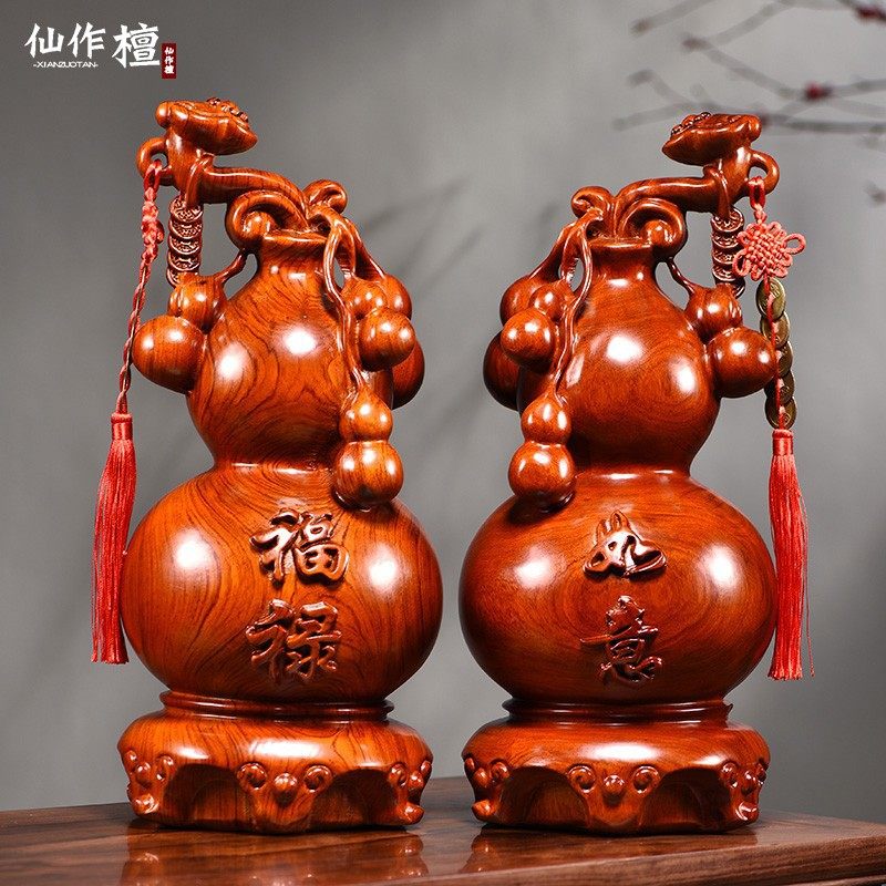 梨木雕如意葫芦瓶实木客厅红木质居饰送礼品