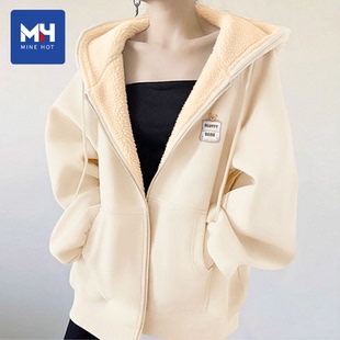 唐狮集团MH加绒外套女加厚2025新款秋冬初中生羊羔绒开衫保暖外套