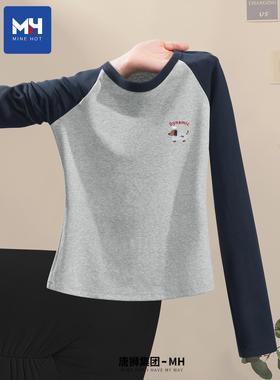 唐狮集团MH长袖t恤女2025新款秋季撞色插肩上衣服纯棉内搭打底衫