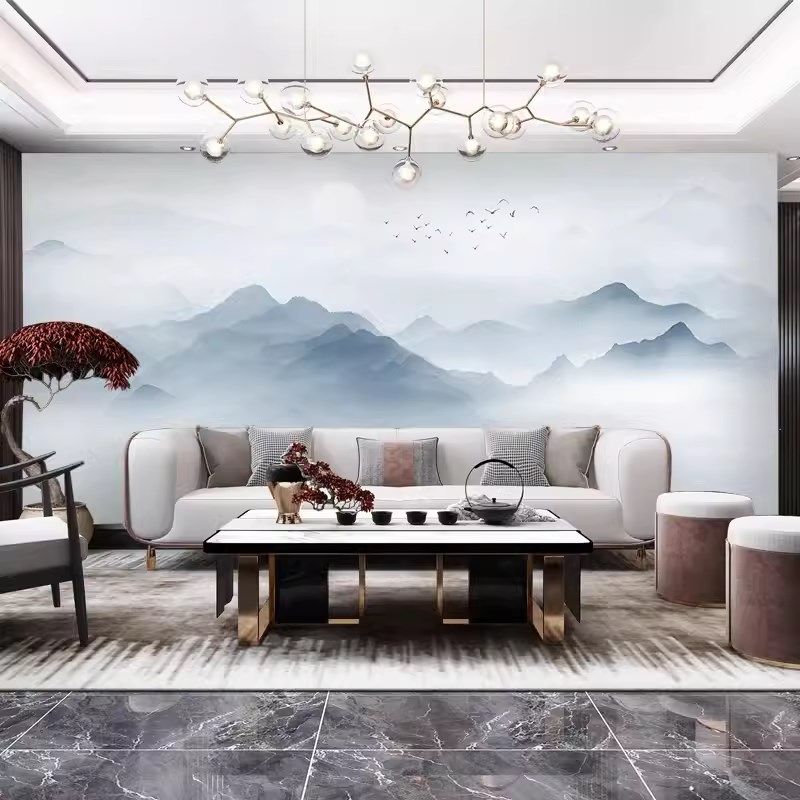 新款热转印壁布电视背景墙纸复古风壁纸水墨山水装饰墙布壁画