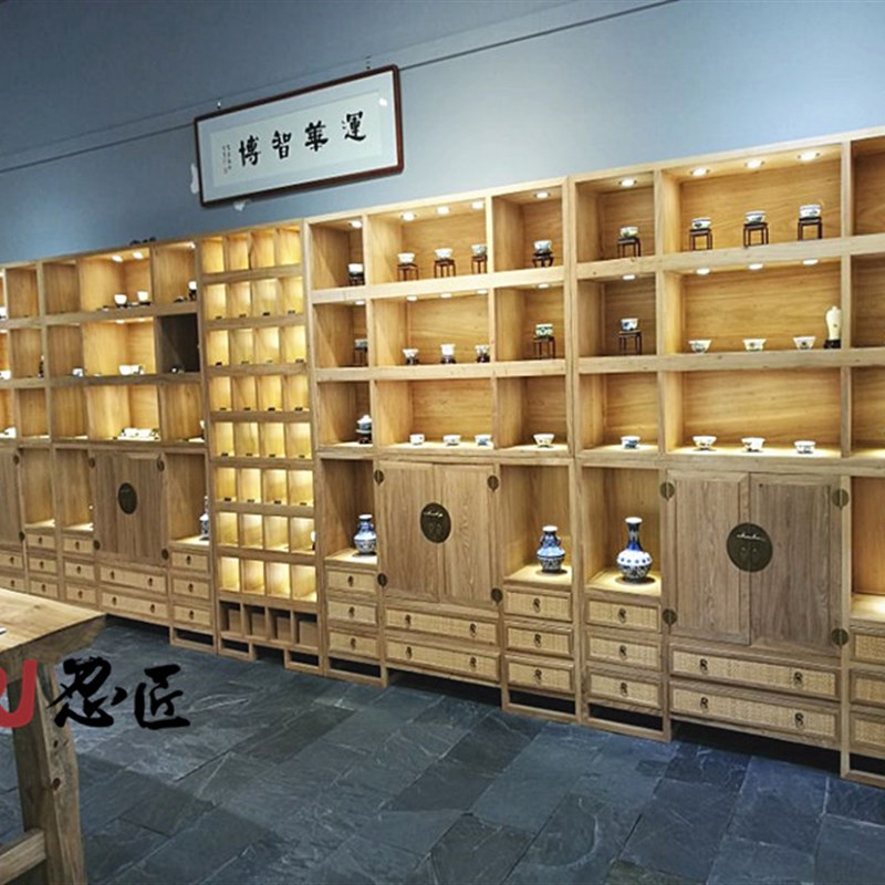 新展柜老榆木茶叶展示柜古董紫砂壶博古架实木书柜
