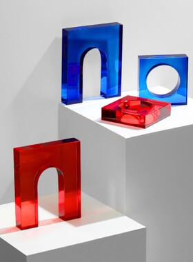 创意圆环门型书挡莱因蓝色水晶样板房现代书挡书房几何