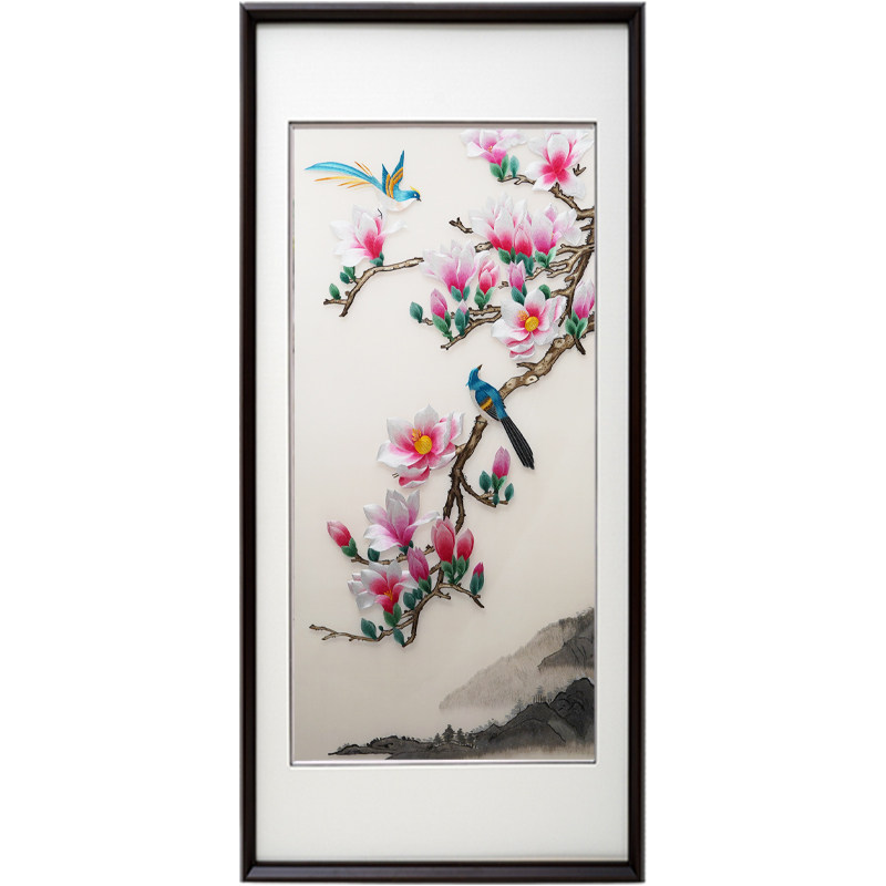新风喜上枝头竖挂画玄关入户过道走廊客厅装饰画手工刺绣画