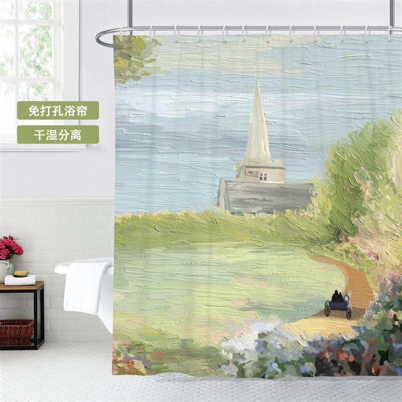 间防水布风景插画浴帘帘免打挂帘厕所干湿分离