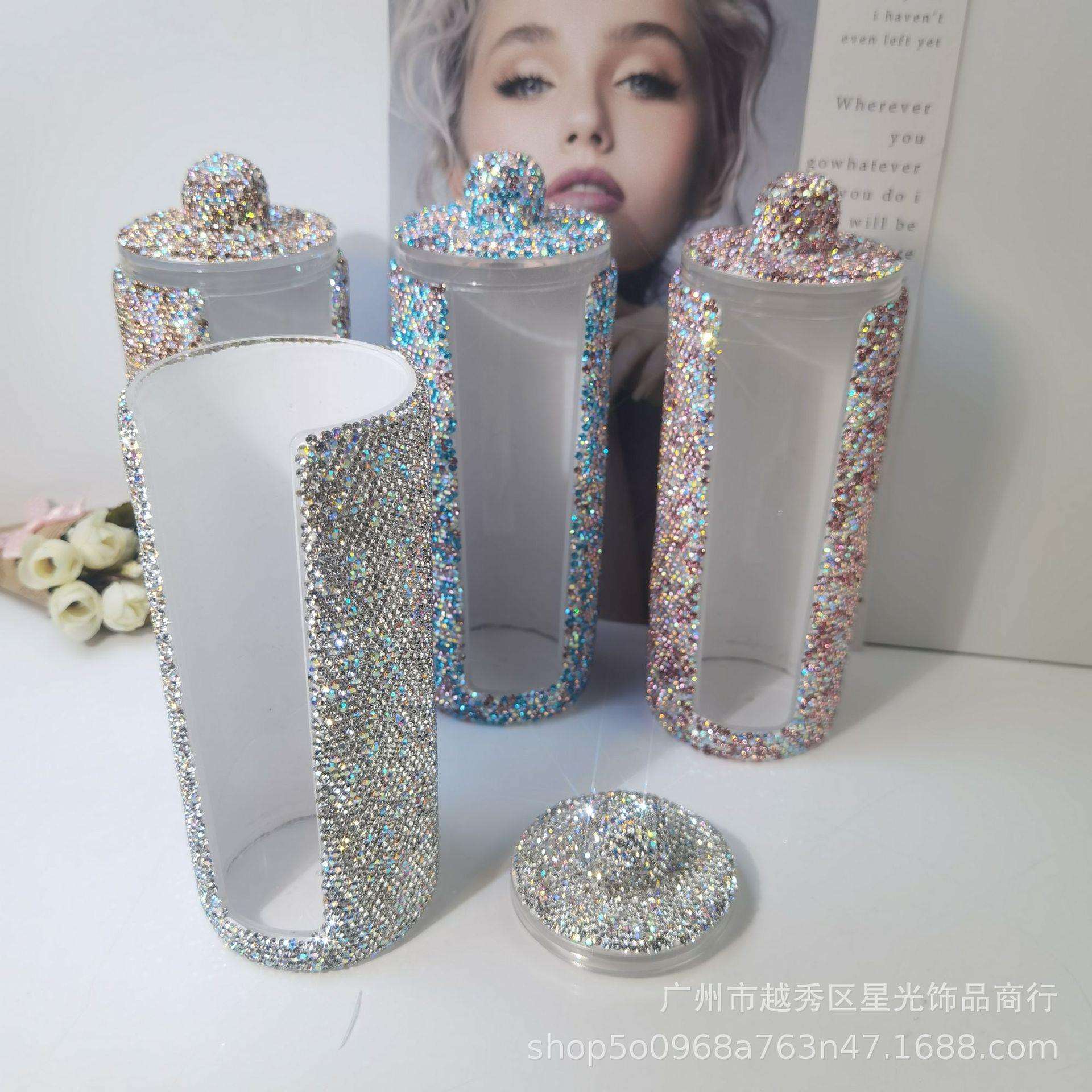 镶钻高级塑料大号化妆棉盒亚克力圆形开口棉签盒化妆工具收纳盒