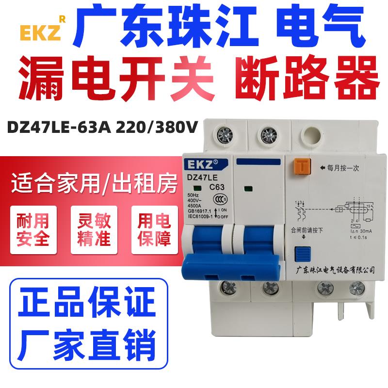 珠江漏电开关32A家用断路器开关2P 3P63a空开漏保DZ47LE100A总阐