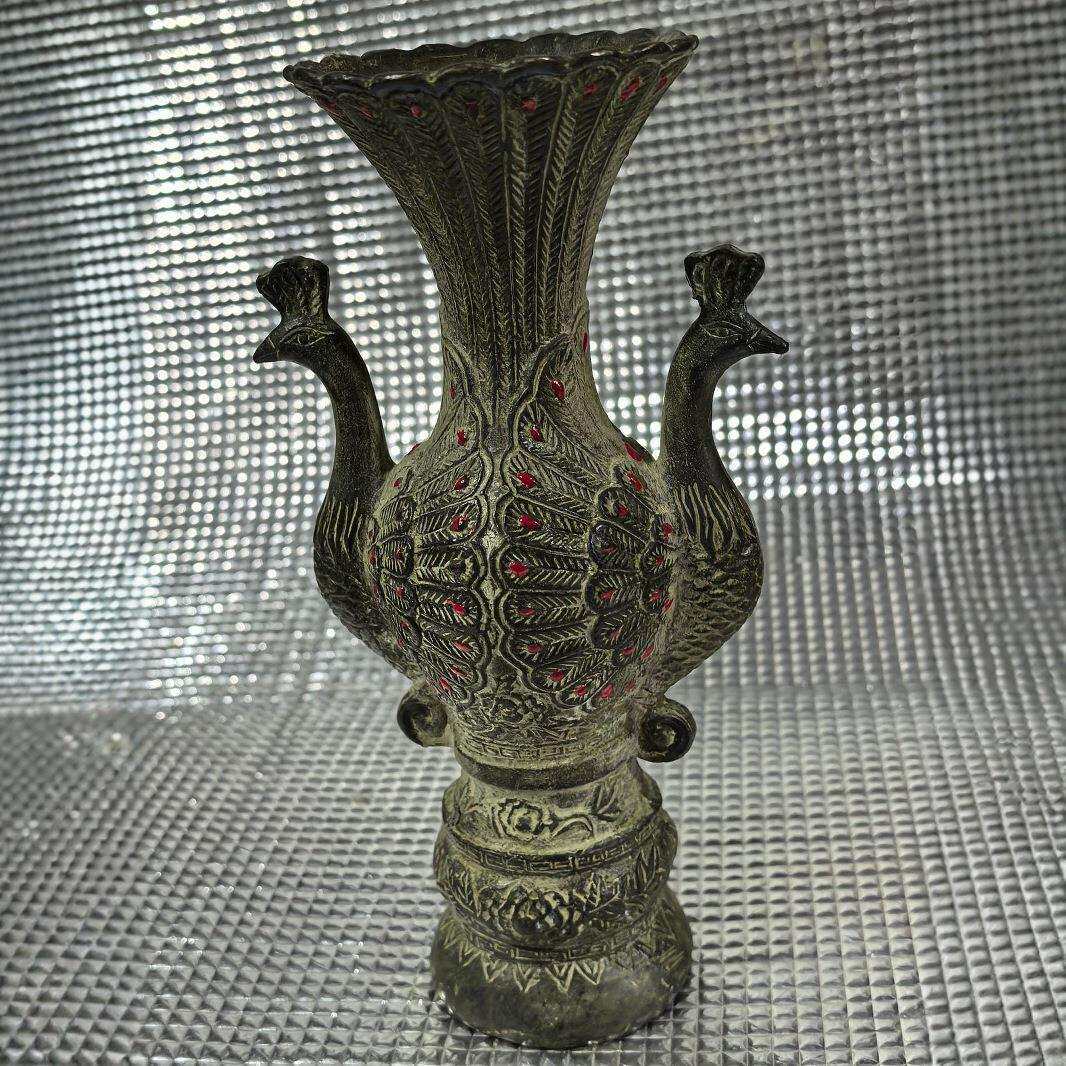 仿古做旧古玩老铜器摆件 仿古青铜孔雀瓶吉祥如意双凤花瓶装饰品