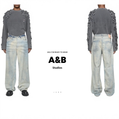 A&B Studios 1981M AC家平替破洞猫须印花浅蓝色男女同款牛仔裤