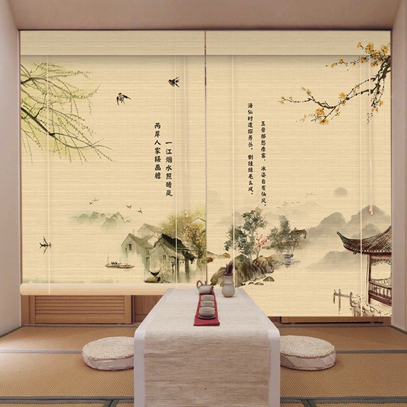 古诗词印竹帘卷帘帘客厅茶室背景遮光遮阳背景装饰帘