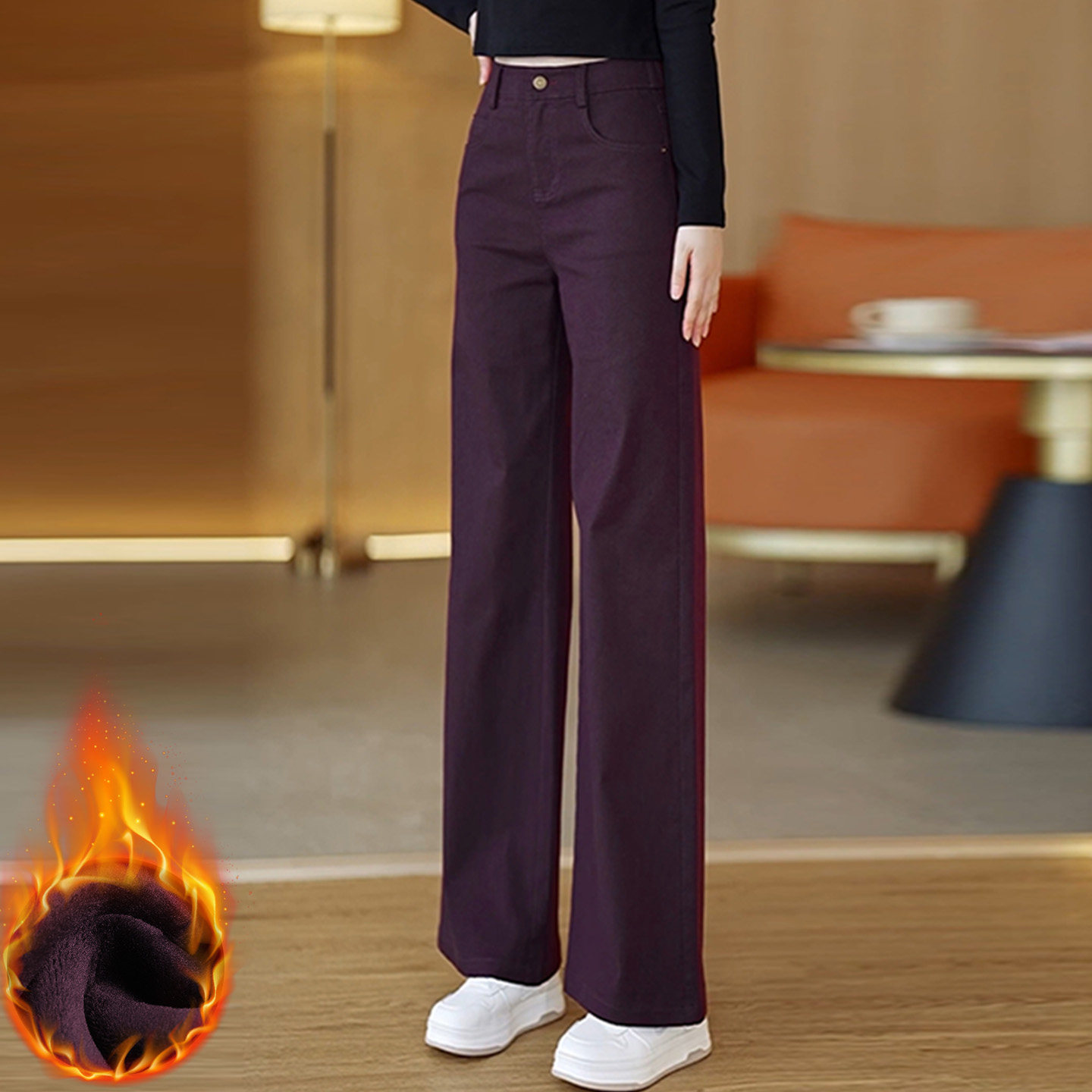 紫色天丝棉牛仔直筒微喇裤女秋冬加绒加厚高腰筒喇裤百搭喇叭裤子
