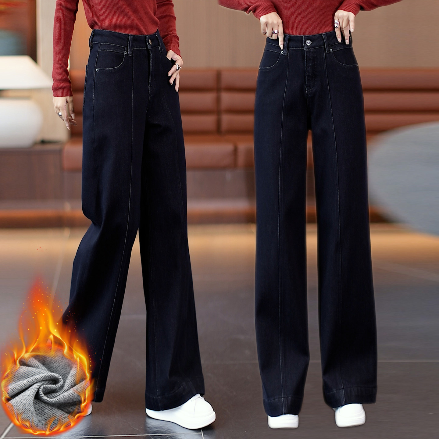 百搭牛仔直筒裤女士秋冬加绒加厚舒适保暖阔腿裤时尚洋气复古长裤