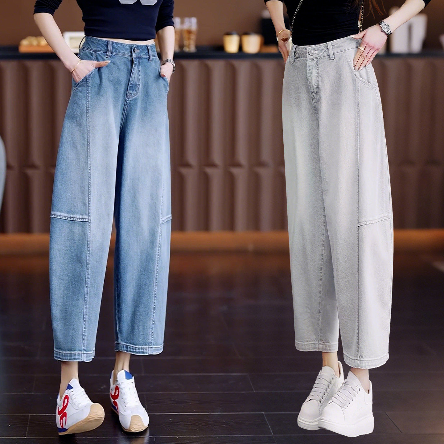 美式复古九分牛仔裤女2026夏季新款小个子高腰宽松薄款弯刀阔腿裤
