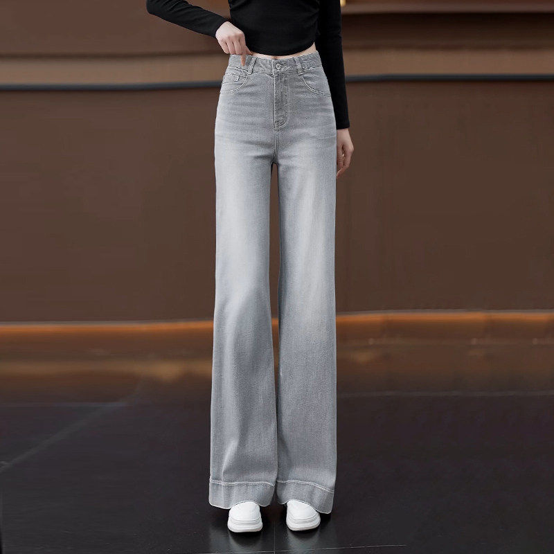复古阔腿牛仔裤女2026春夏新款莫兰迪灰窄版直筒裤高腰显瘦拖地裤