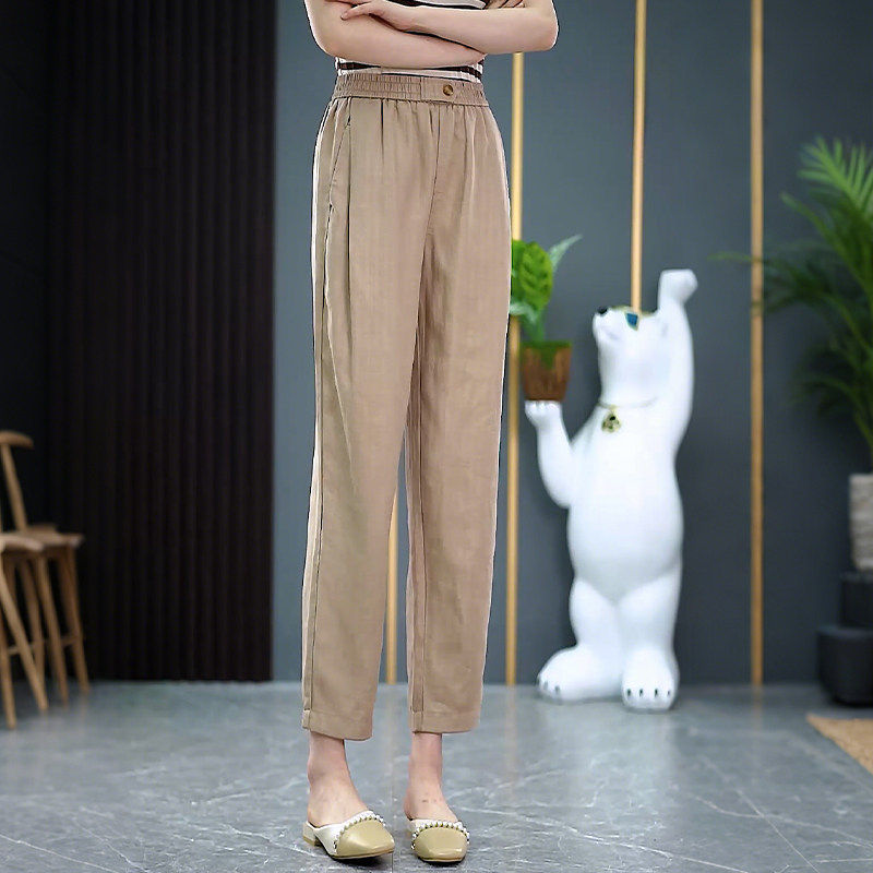 卡其色夏季高腰镰刀哈伦裤女垂感舒适小脚裤薄款小个子九分休闲裤