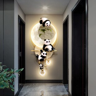 奶油风玄关装 饰画入户进门级感熊猫挂画走廊过道尽头壁灯画
