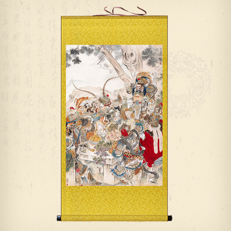 群猴祝寿齐天大圣卷轴画猴子爬树丝绸画猴戏图饰画挂画已裱