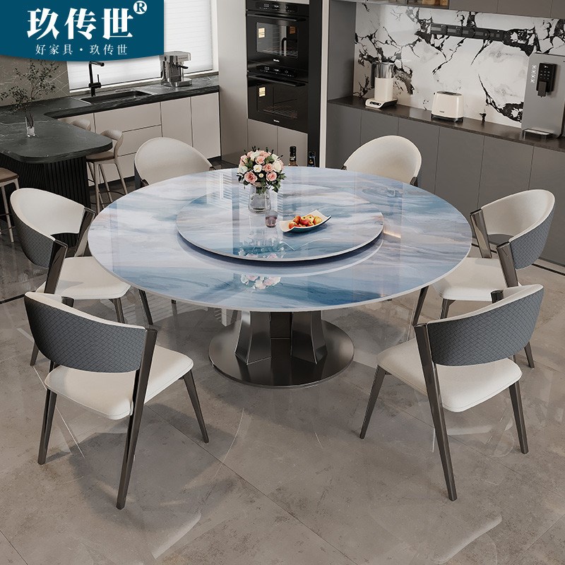 奢石岩板餐桌大圆桌圆形桌子意式轻奢高端家用餐桌椅组合别墅多人