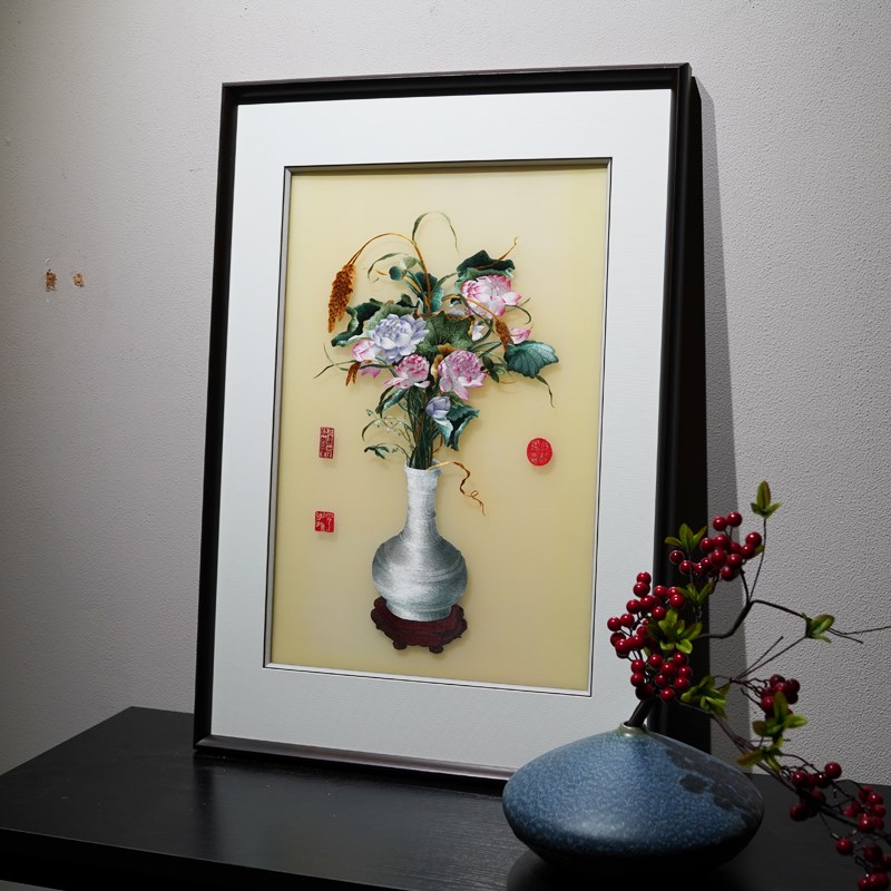 新美寓意聚瑞图纯手工刺绣画亲友送礼实木边框客厅挂画