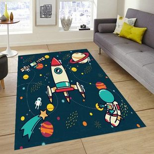卡通儿童房地垫宇宙太空火箭地毯男孩卧室床边家用满铺防滑游地毯