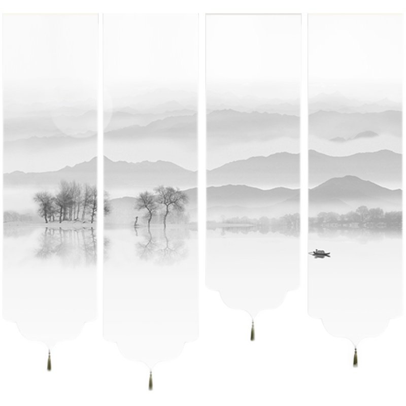 新山水画风景电动卷帘帘遮光茶室玄关半软屏风帘子