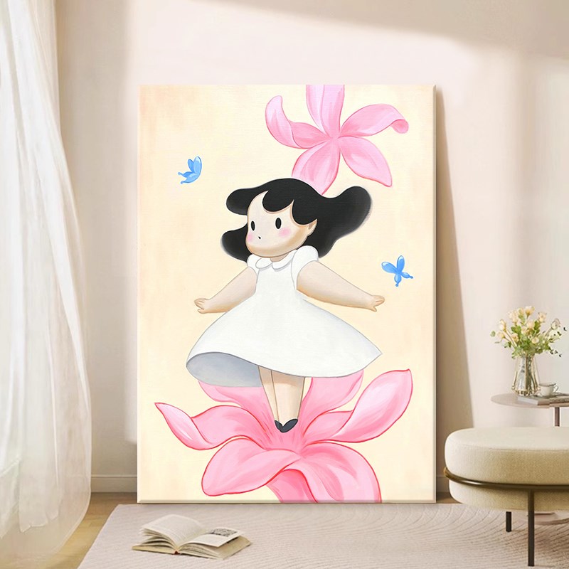 奶油风可爱小女孩儿童房挂画客厅卧室装饰画人物花卉玄关手绘油画图片