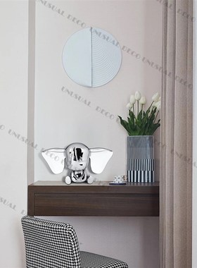 现代银色黑色小飞象雕塑样板房售楼处玄关客厅雕塑台饰品