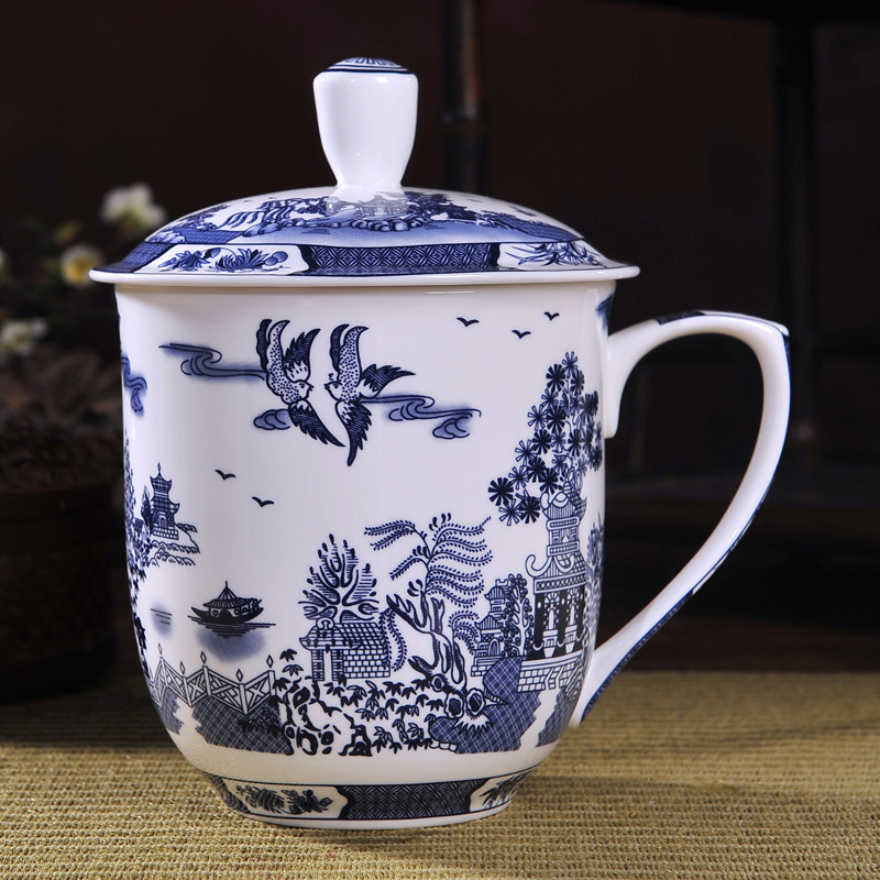 青瓷茶杯 带盖骨瓷大水杯子办公杯会议礼品杯