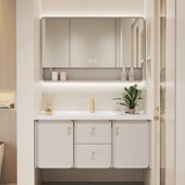 实木橡木浴室柜智能镜柜洗脸盆洗手台陶瓷一体盆厘米