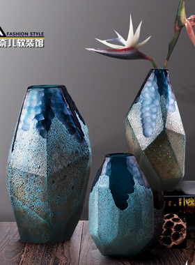 精品咖色刻磨几何瓶规则切面蓝色装饰插器现代创意