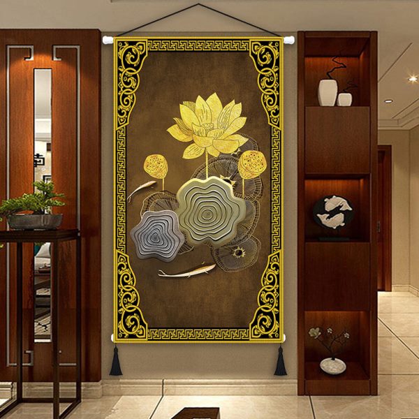新中式金色荷花玄关布艺挂画墙壁遮挡装饰画客厅背景布画挂毯画图片