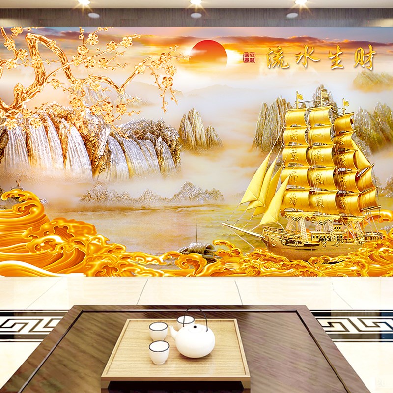 招财进宝立体壁画电视背景墙壁纸金色壁布客厅玉雕画墙布