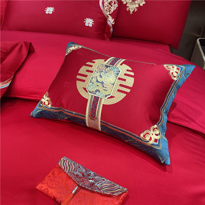 婚庆小抱枕全棉刺绣大红色带婚嫁贵妃枕子孙枕拆洗配一对装