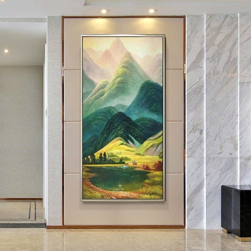 手绘油画巨山风景现代山水画玄关装饰画招财鹿过道挂画壁画竖画