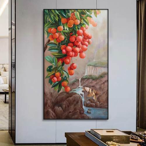 大芬村油画纯手绘玄关客厅大幅装饰画大吉大利荔枝花鸟餐厅挂壁画