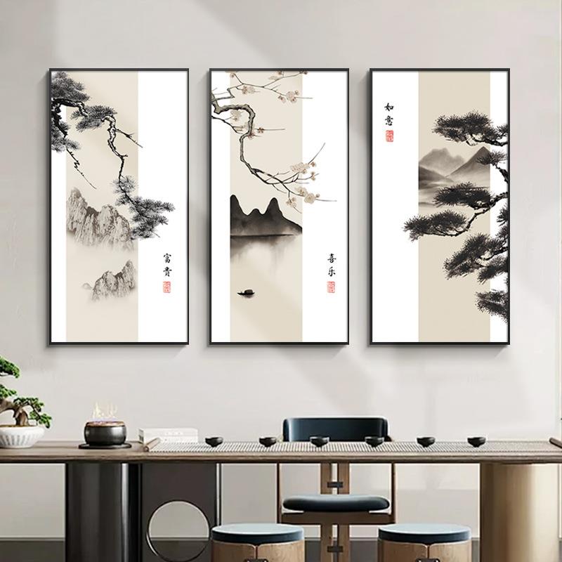 新中式中国风水墨山水画花鸟玄关装饰画茶室走廊过道墙面挂画
