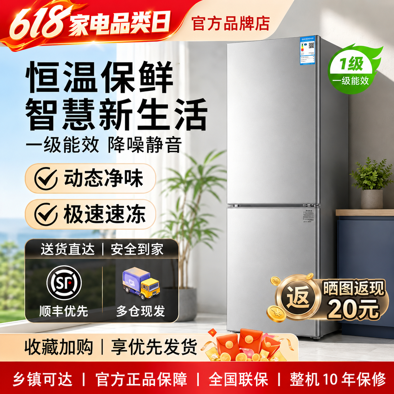 Hairex海小冰箱一级能效家用宿舍出租房冷冻双开门中型迷你小冰箱