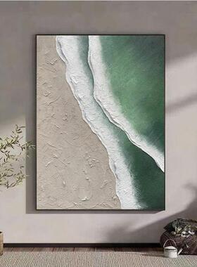 纯手绘海浪肌理客厅装饰画抽象大海玄关走廊过道挂画绿色壁画落地