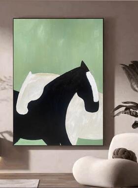 手绘油画绿色小清新客厅玄关装饰画骏马进门卧室挂画小众手工成品