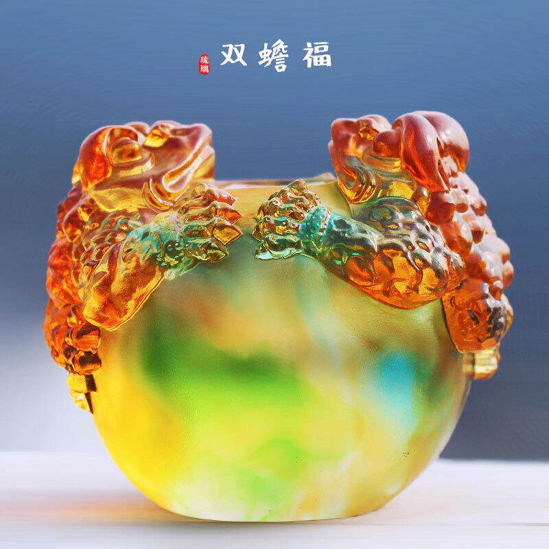 琉璃金蟾招财风水摆件客厅桌面办公前台摆放朋友送礼工艺品双蟾福