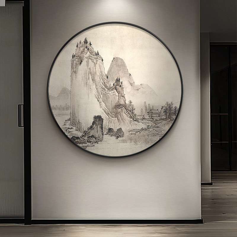 圆形山水装饰画新中式餐厅风景挂画饭店茶室玄关走廊水墨画古代风图片