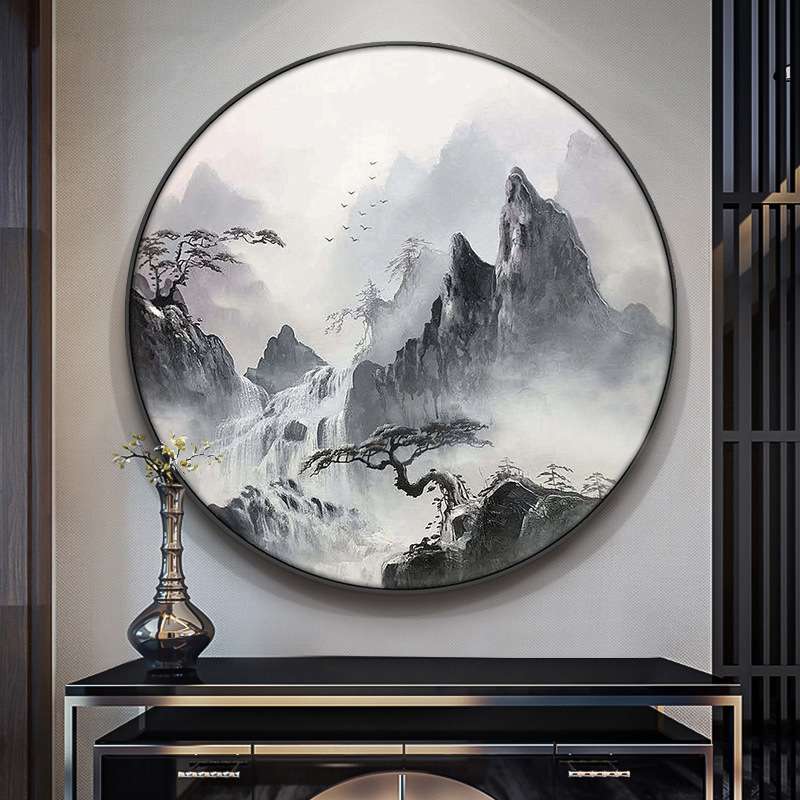 手绘油画圆形玄关装饰画新中式客厅壁画山水风景走廊过道手工肌理图片