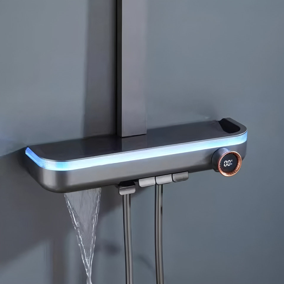 智能恒温花洒套装增压数显氛围灯顶喷全铜枪灰奶白色四档功能旋钮,家装主材,恒温花洒套装,淘宝优惠券,粉丝福利购,淘宝优惠卷