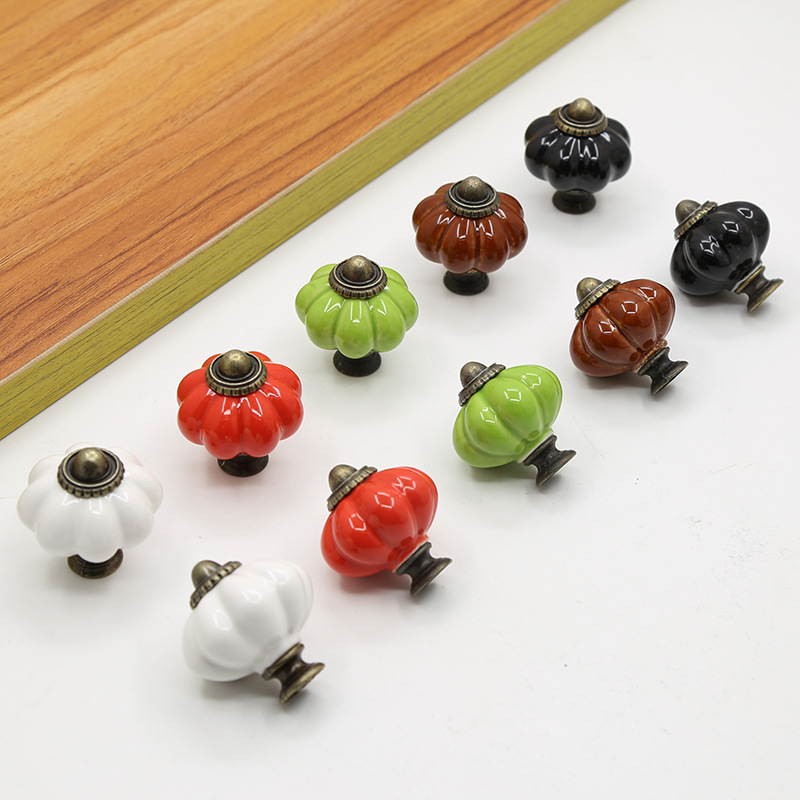 彩色南瓜陶瓷拉手美式复古柜门衣柜橱柜抽屉手柄家具古铜单孔把手