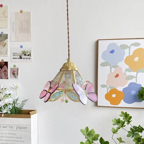 复古黄铜彩色玻璃小吊灯日式餐厅温馨浪漫床头法式灯粉红色蝴蝶灯