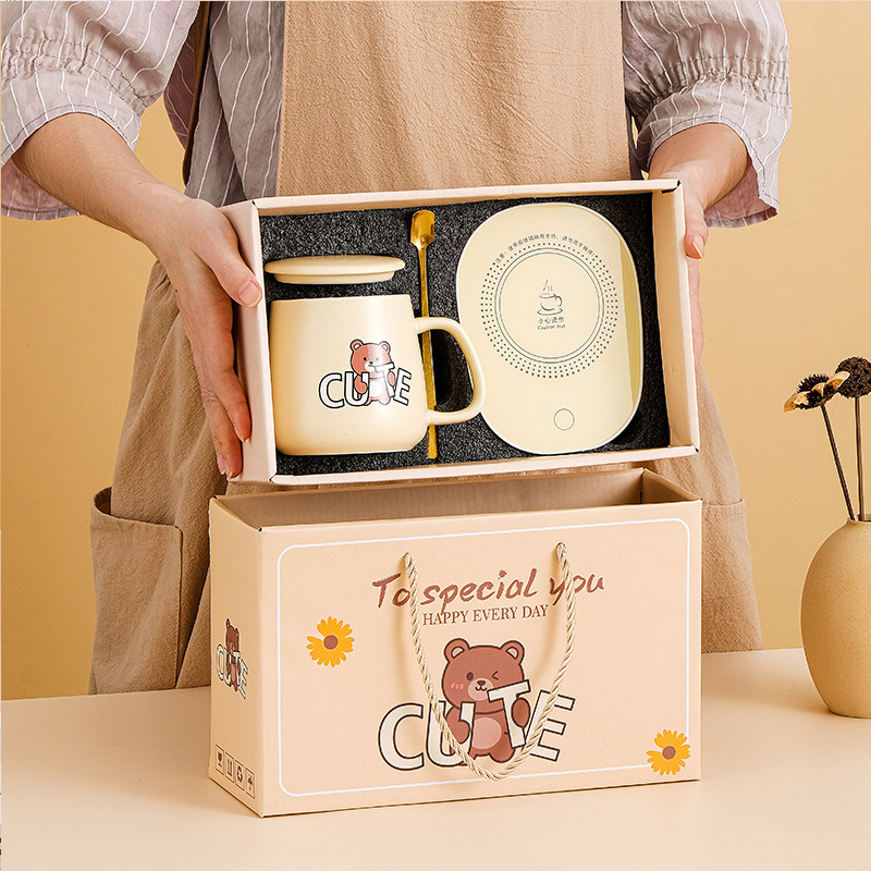 创意卡通加盖恒温杯暖暖杯套装加热水杯陶瓷马克杯实用小礼品杯子