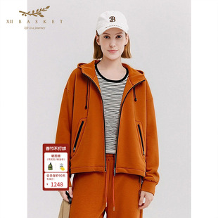 十二篮26春新款多巴胺棉质连帽抽绳休闲外套女运动户外上衣橙红色