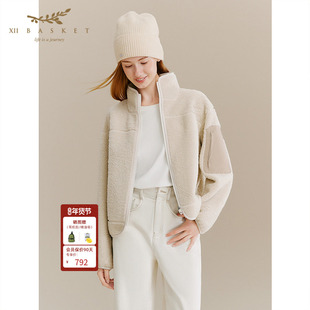 十二篮专选25冬新款美式立领羊羔毛短外套撞料口袋百搭休闲女