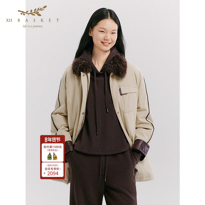 十二篮25冬新款复古巴恩风羊皮毛领羽绒服撞色风衣外套中长款女,女装/女士精品,羽绒服,淘宝优惠券,粉丝福利购,淘宝优惠卷