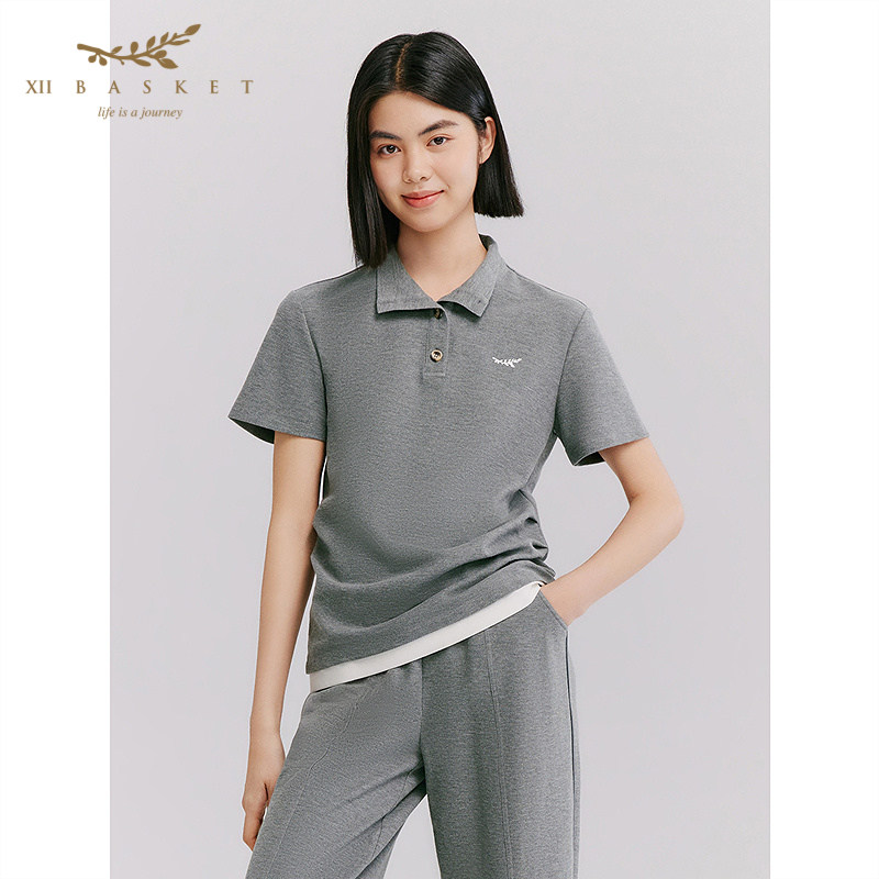 十二篮26夏新款透气纯棉Polo衫女微宽松通勤短袖简约休闲上衣灰色